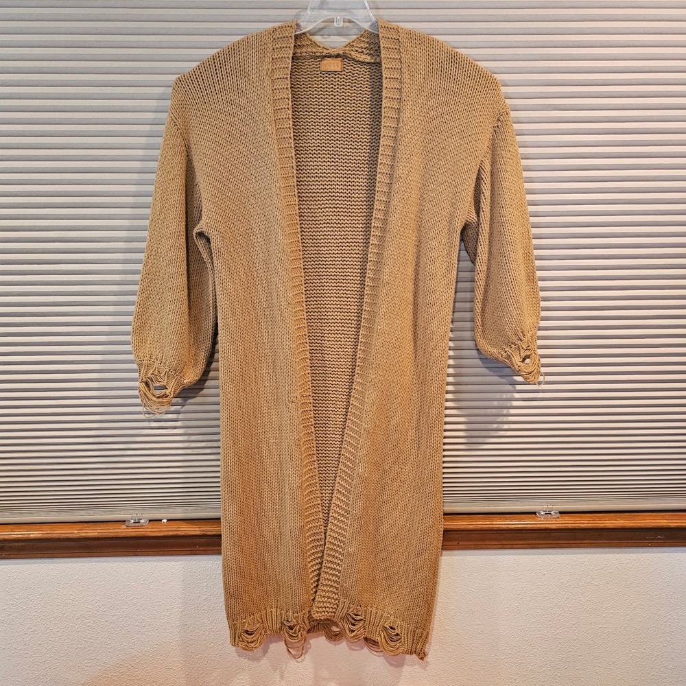 POL Anthropologie Womens Tan Distressed Longline Open Cardigan Sweater Large